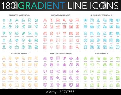 180 trendy gradient vector thin line icons set of business motivation, analysis, essentials, project, start up development, e-commerce icon Stock Vector