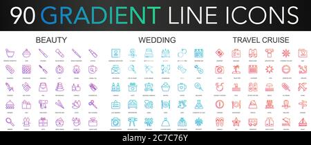 120 trendy gradient vector thin line icons set of Beauty, Wedding, Travel Cruise. icon Stock Vector