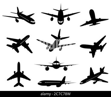 Airplane silhouette. Passenger plane landing, back front and bottom views, aircraft jet silhouettes isolated vector illustration icons set Stock Vector