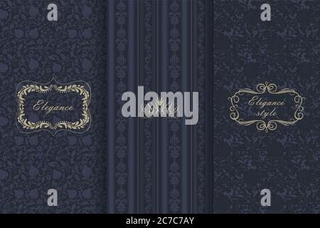 Set of Vintage seamless damask pattern. Collection of design elements, labels, icon, frames for packaging, design of luxury product. Template brochure Stock Vector