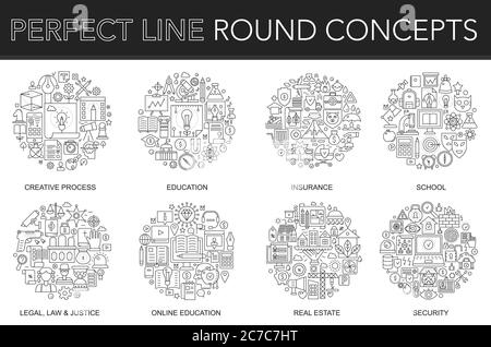 Round outline concept of creative process, insurance, school, legal, law and justice, online education, real estate, security icons. Thin line vector icons set for cover, emblem, flyers, posters Stock Vector