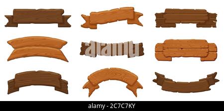 Wooden ribbon boards. Wood antique sign boards, hanging wood billboard and empty rustic banners vector illustration icons set Stock Vector