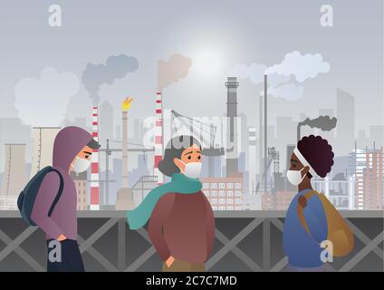 Sad and unhappy people wearing protective face masks on factory pipes with smoke on background. Industrial smog, fine dust, air pollution and pollutant fog gas vector illustration Stock Vector