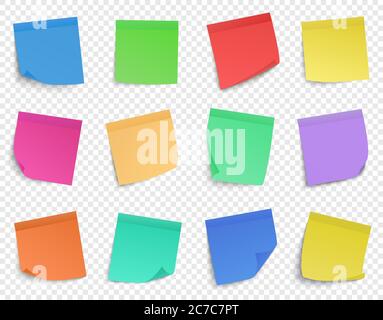 Pin note. Paper memo notes, sticky business remind paper sheets, colorful sticker notes vector isolated icons set Stock Vector