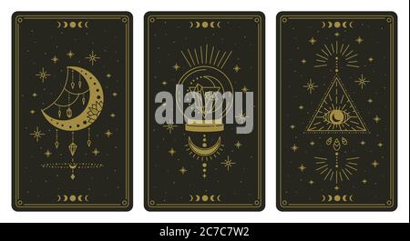 Magical tarot cards. Magic occult tarot cards, esoteric boho spiritual tarot reader moon, crystal and magic eye symbols vector illustration set Stock Vector