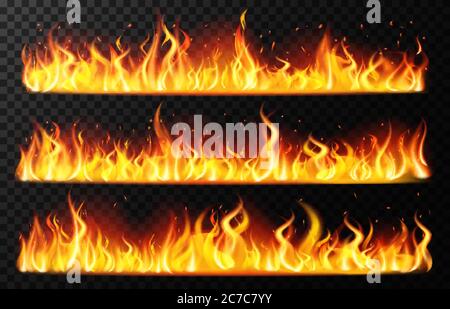Realistic flame borders. Burning horizontal fire flame, red burning blaze border, fiery burning line isolated vector illustration set Stock Vector