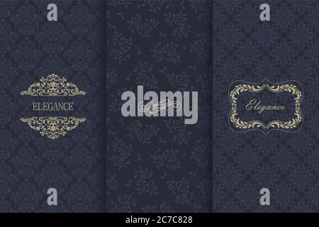Set of Vintage seamless damask pattern. Collection of design elements, labels, icon, frames for packaging, design of luxury product. Stock Vector