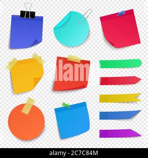 Sticky paper notes. Notepaper sheet, paper memo colorful stickers, sticky business pin note isolated vector illustration icons set Stock Vector