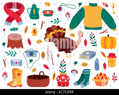 Autumn elements. Fall cartoon hygge cozy sweater, boots, autumn leaves, mushrooms, pumpkin and turkey isolated vector illustration set Stock Vector