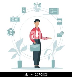 Time management concept. Businessman planning work tasks, timing schedule, business worker surrounded time icons vector illustration Stock Vector