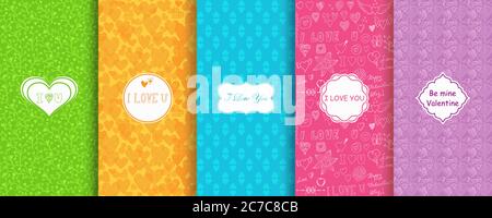 Set of Abstract seamless hand drawn patterns with hearts and flowers Template greeting card, invitation, website background. Cute Valentine cards. Stock Vector