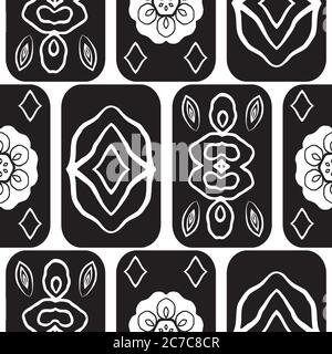 Vector black and white mexican tile style seamless pattern background. Modern geometric backdrop with rounded rectangles and naive folk decorations Stock Vector