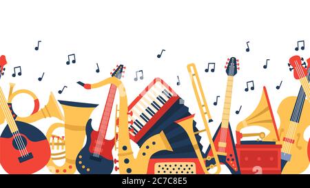 Musical instruments banner. Music guitar, violin and vintage accordion, jazz acoustics music instruments vector illustration Stock Vector