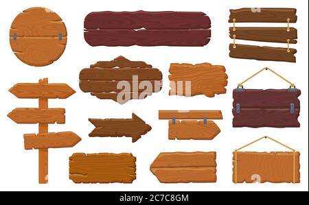 Wooden boards. Rustic wooden signboard, empty banners, hanging billboard and retro wood signs vector illustration icons set Stock Vector