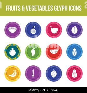 Unique fruits & vegetables vector glyph icon set Stock Vector