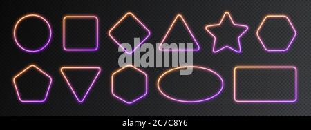 Neon gradient frames set, collection of yellow-purple glowing borders isolated on a dark background. Stock Vector