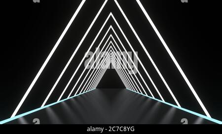 Abstract background glowing lines tunnel, neon lights, triangular portal. white color. 3D rendering image Stock Photo