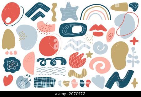 Doodle abstract shapes. Hand drawn trendy modern textured shapes, contemporary artwork stamp, doodle graphic elements vector illustration set Stock Vector