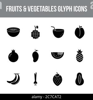 Unique fruits & vegetables vector glyph icon set Stock Vector