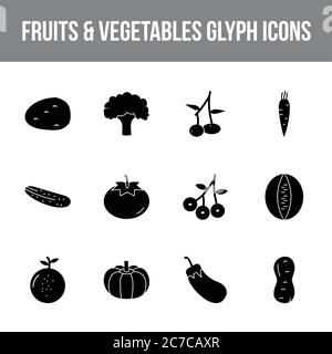 Unique fruits & vegetables vector glyph icon set Stock Vector