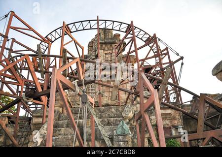 Paris, FRANCE, July 19, 2010: Indiana Jones Temple Of Peril Roller Coaster, Disneyland. Stock Photo