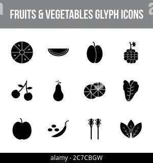 Unique fruits & vegetables vector glyph icon set Stock Vector