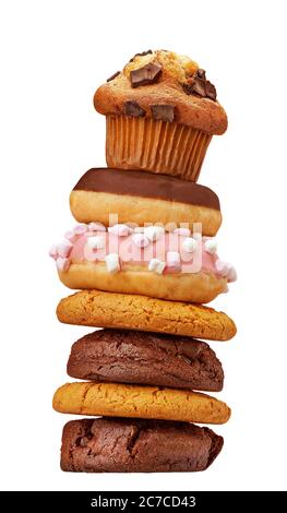 Donuts, cookies and pastries in a studio setting, isolated on white. Stock Photo