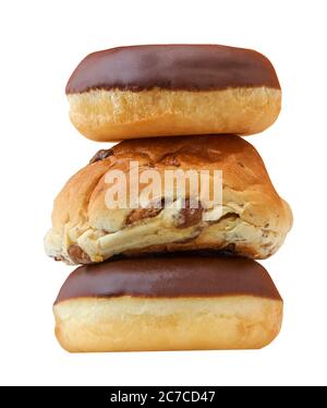Donuts and a bun in a studio setting, isolated on white. Stock Photo