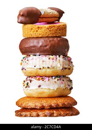 Donuts, cookies and pastries in a studio setting, isolated on white. Stock Photo