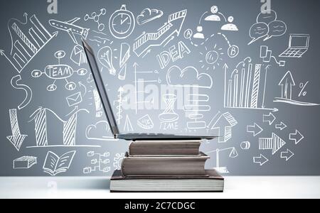 The blackboard before painting the books on the desk and computer Stock Photo