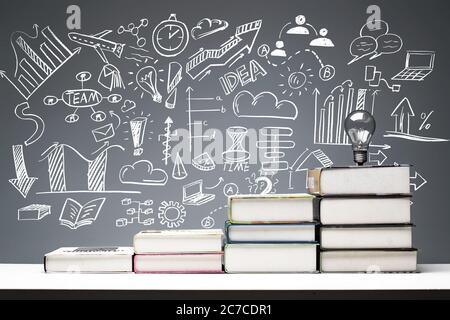 Tables in front of the blackboard drawing with textbooks from low to high Stock Photo