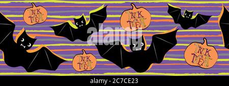 Halloween funky bats and pumpkins vector border. Banner with animals and trick or treat text on grunge striped purple background. Hand drawn cartoon Stock Vector