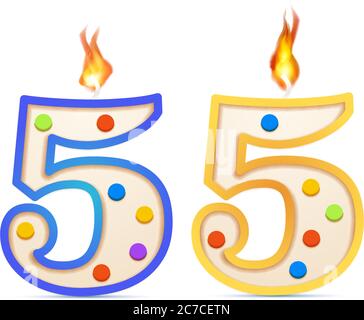 Fifty five years anniversary, 55 number shaped birthday candle with fire on white Stock Vector