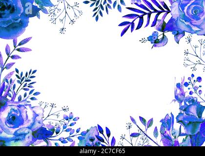 Watercolor floral frame of blue flowers, greeting card, copy space,  isolated Stock Photo - Alamy
