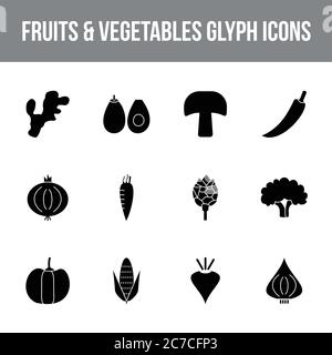 Unique fruits & vegetables vector glyph icon set Stock Vector
