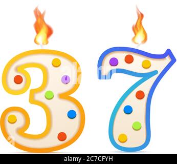 Thirty seven years anniversary, 37 number shaped birthday candle with fire on white Stock Vector