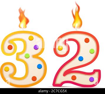 Thirty two years anniversary, 32 number shaped birthday candle with fire on white Stock Vector
