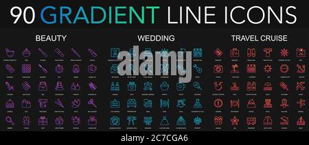 90 trendy gradient style thin line icons set of beauty, wedding, travel cruise isolated on black background Stock Vector