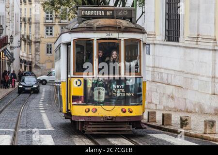Lisbon, Portugal - December 20, 2019: Tram 28 at Largo da Se, Lisbon, Portugal. Stock Photo