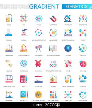 Vector set of trendy flat gradient genetics and biochemistry icons Stock Vector