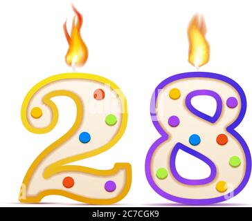 Twenty eight years anniversary, 28 number shaped birthday candle with fire on white Stock Vector