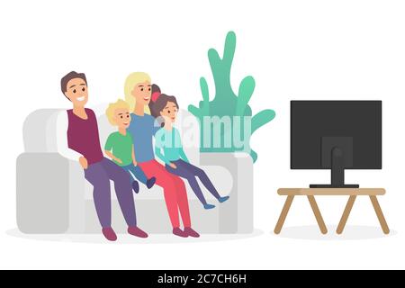 Happy family watching TV sitting on the couch sofa at home flat vector illustration Stock Vector