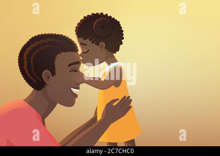 Cute little black african american daughter girl kid kisses her happy father dad cartoon vector illustration Stock Vector