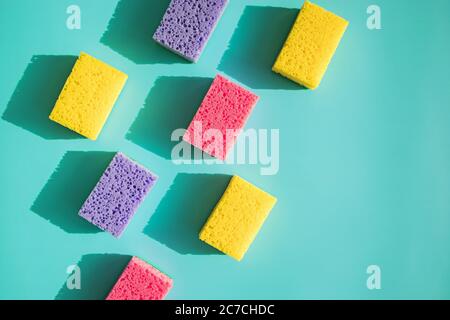 Cleaning sponges for washing dishes on blue background i Stock Photo