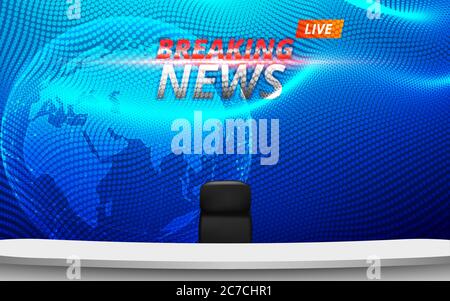 White Table And Chair With Breaking News Live On Red Curtain In Lcd Background In The News Studio Room Stock Vector Image Art Alamy