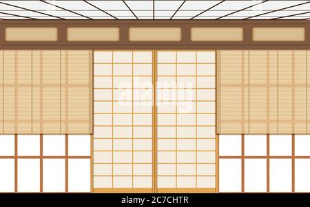 wooden curtain on windows in dojo room in japan Stock Vector