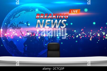 White Table And Chair With Breaking News Live On Red Curtain In Lcd Background In The News Studio Room Stock Vector Image Art Alamy