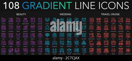 90 trendy gradient style thin line icons set of beauty, wedding, travel cruise isolated on black background Stock Vector