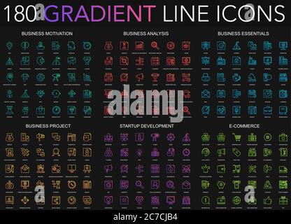 180 trendy gradient style thin line icons set of business motivation, analysis, essentials, project, start up development, e-commerce isolated on black background Stock Vector