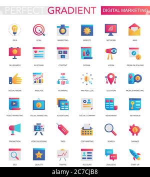 Vector set of trendy flat gradient Digital internet social media marketing icons Stock Vector